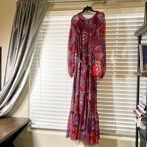 Tahari Paisley Print Metallic Yoryu Long Sleeve Tie Waist Ruffle Hem Maxi Dress